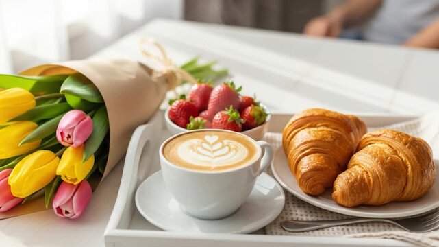 Breakfast tray with coffee croissant strawberries and flowers on table cozy setting