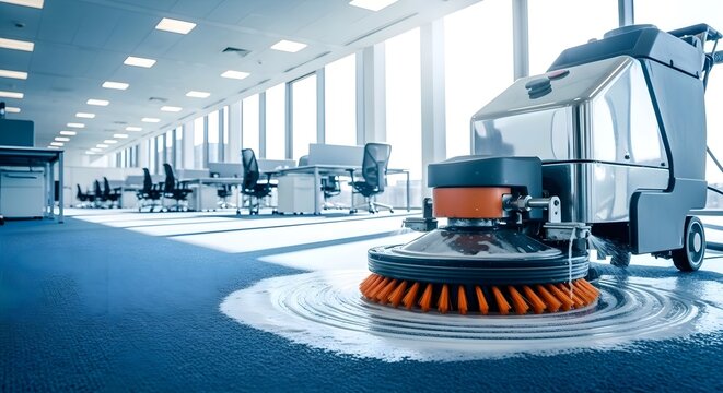 Commercial Carpet Cleaning: Professional scrubber machine in modern office, industrial janitorial service, carpet maintenance, facility hygiene and workplace cleanliness concept