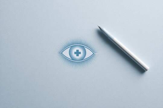 Eye health concept with simple graphic eye symbol on light background, modern minimal design, medical branding style