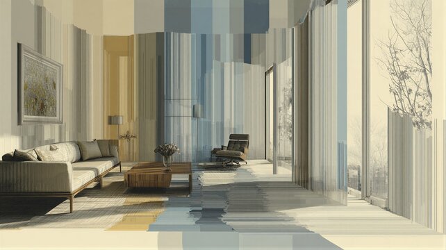 Abstract interior of a living room with vertical glitch effect. Digital manipulation symbolizing cognitive dissonance and distorted reality. Mental health and psychological struggle concept.