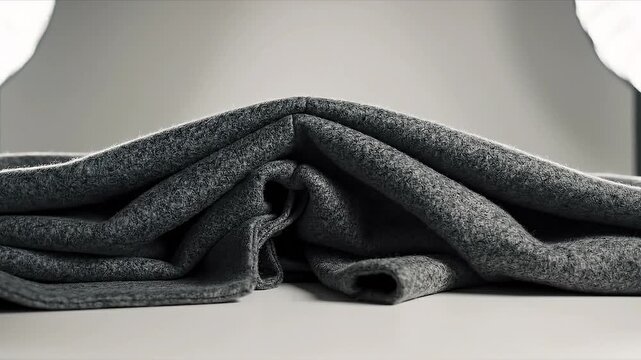 Gray fabric draped and folded on a flat surface, showcasing texture and detail in a well-lit studio environment with soft lighting and neutral backdrop