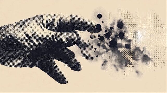 Grungy illustration of human hand dissolving into dots. Metaphor for mental health struggle, dissociation, schizoid experience and psychological distress. Abstract mental illness art.