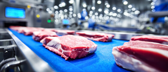 Raw meat cuts move along a blue conveyor belt in a busy food processing facility within a bright industrial setting with stainless steel equipment