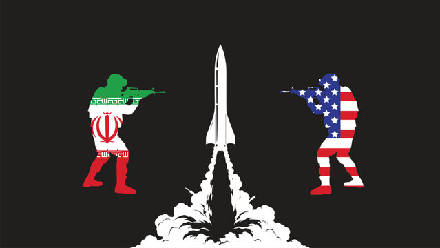 Iran vs usa tensions escalate with forces clash over rocket. Suitable for news articles, social media posts, and political blog graphics.