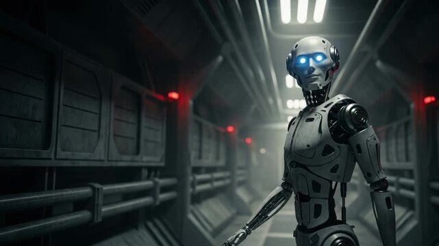 Futuristic robot standing in a dimly lit sci-fi corridor  