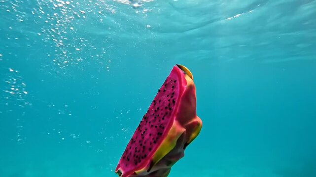 Dragon fruit slice floating in clear blue water with splashes