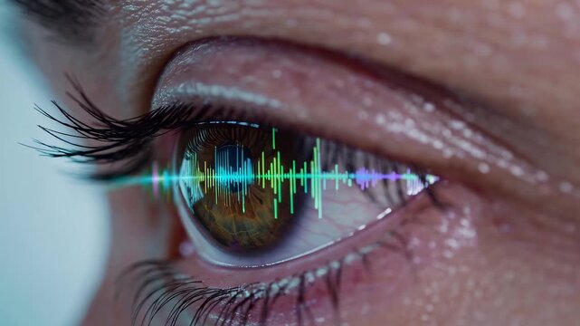 Eye mirrors musical sound patterns. Closeup of eye displaying lively sound waves on cornea. An intimate shot capturing eye reflecting dynamic and colorful musical waveforms in studio setting