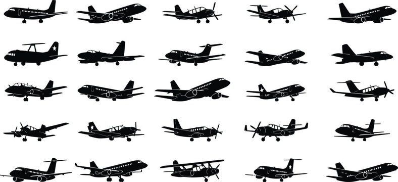 Collection of various airplane silhouettes in different angles and positions