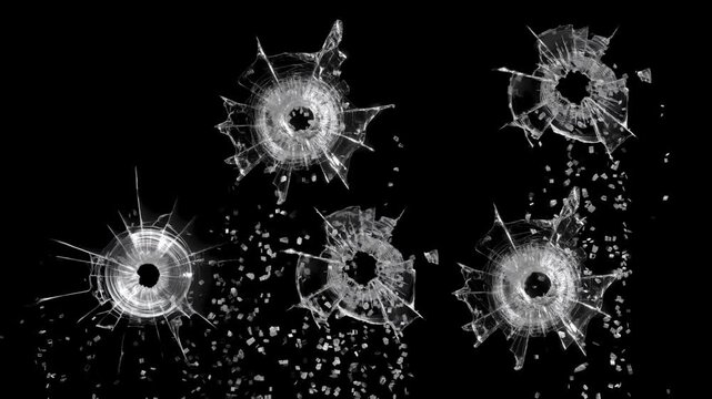 Glass getting hit by several gunshot bullets. Broken cracks glass with alpha transparent background