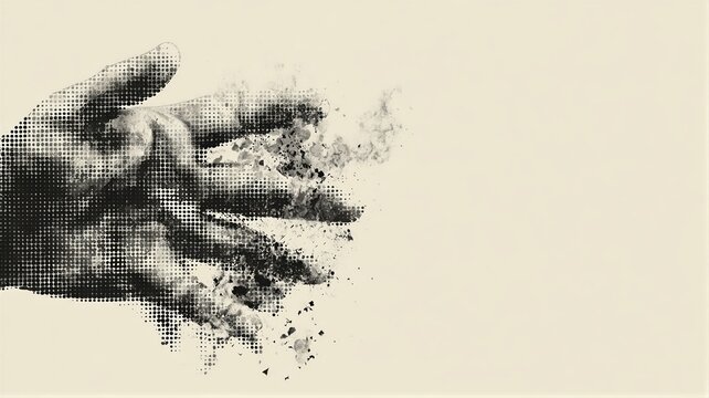 Human hand dissolving into smoke and particles. Abstract illustration of schizophrenia and loss of reality. Mental health condition and psychological struggle concept in grunge style.