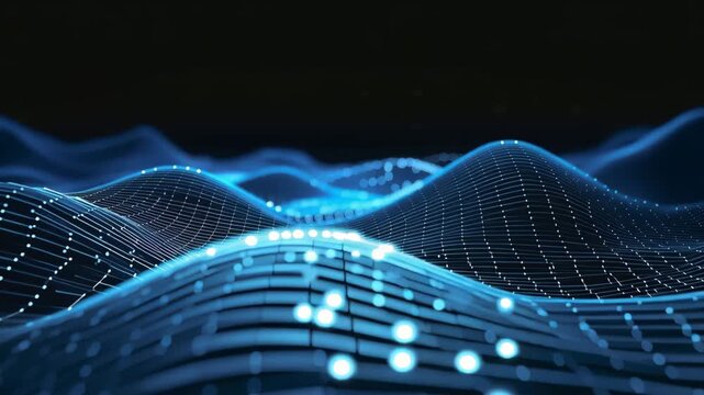 Abstract Big Data Digital Terrain Background. Deep Blue Glowing Grid Particle Waves, Futuristic Virtual Reality Landscape and Neural Network Space for Cloud Computing, AI, Data Visualization, and Corp