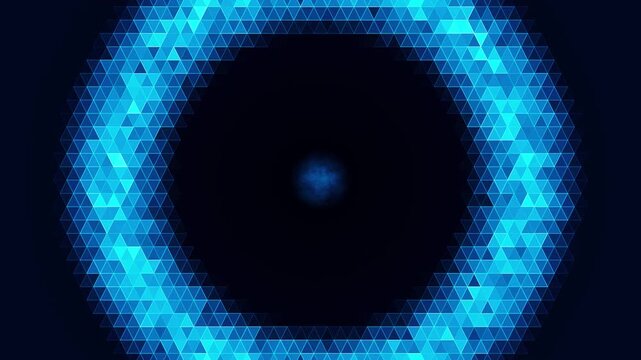 blue technology triangle hexagon futuristic digital AI thinking, calculating or processing circle wave ring overlay animation template in black background