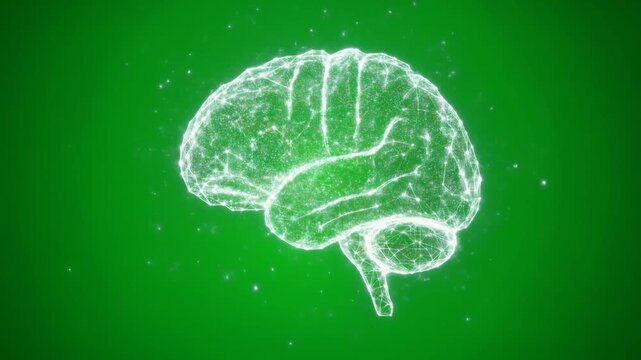 A glowing, abstract wireframe representation of a human brain on a vibrant green background, symbolizing intelligence and technology.