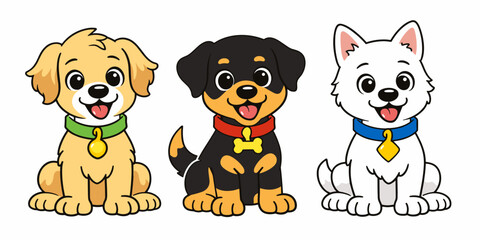 Obraz premium Set of three small puppies in cream, black, and white fur, each wearing a collar and tag. Charming dog bundle for nursery art, pet shop visuals, stickers, and rescue themes.