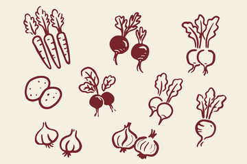 Fototapeta na wymiar Root vegetable elements set outline sketch vector illustration