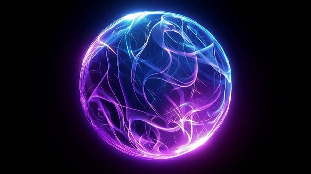 Abstract 3D technology energy sphere background, blue and purple neon glowing plasma, infinity shape quantum core power, futuristic reactor motion graphics for computing center, AI research and high-t