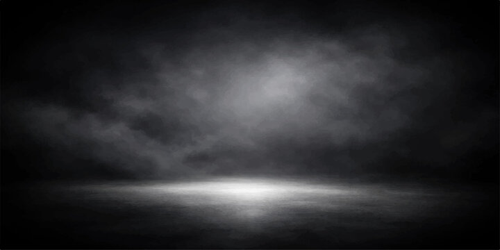 Dramatic dark smoke swirls against a black background like a stormy night cloudscape with a moody fog texture and light blue color
