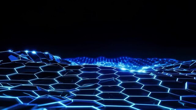 Abstract 3D technology hexagon wave landscape background, blue neon glowing honeycomb dynamic undulating surface, big data analysis and cybersecurity defense concept motion graphics for AI, blockchain