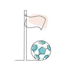 Minimalist continuous line drawing of a soccer corner flag with a football and abstract shapes © alpha