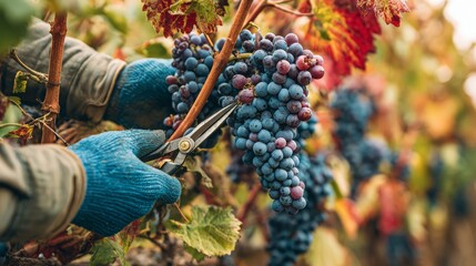 Naklejka premium A vineyard worker thinning grape clusters with pruning scissors to improve wine grapes.