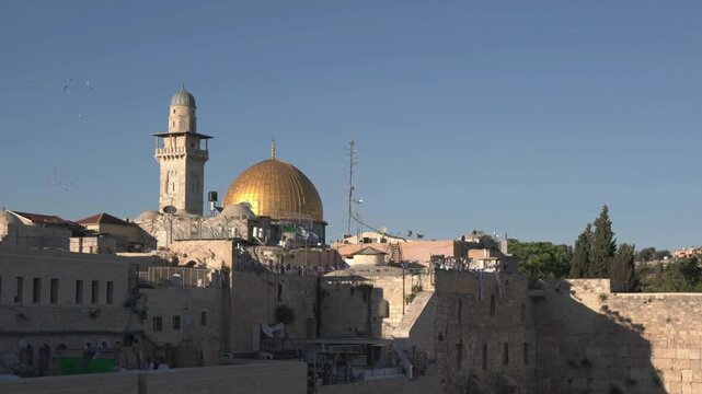 Jerusalem. Dome of the Rock in Jerusalem over the Temple Mount mosque. aerial view old city of Jerusalem, Kotel Islamic Shrine background