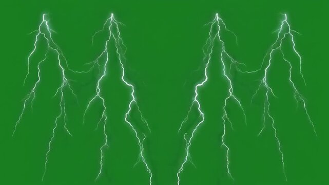 Four white lightning bolts striking against a vibrant green background, creating a symmetrical and dynamic visual effect.