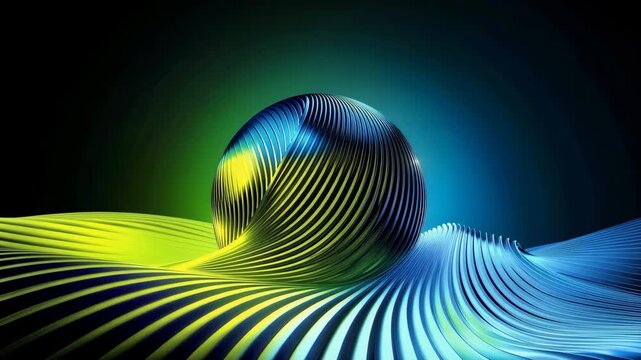 Abstract 3D Metallic Streamline Sphere with Green and Blue Gradient. Modern Futuristic Background Featuring Glowing Striped Surface, Wave Geometry for Tech Presentation, AI Data Visualization, and Cre