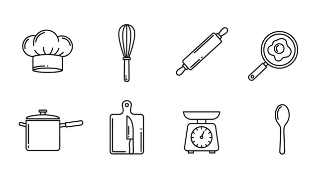 Essential kitchen tools and chef accessories illustrated in minimalist style Vector