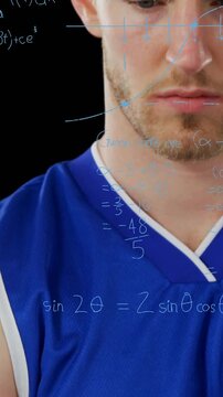 Vertical video: Math notes appearing, camera rising, blue jersey figure tilting head, solving math