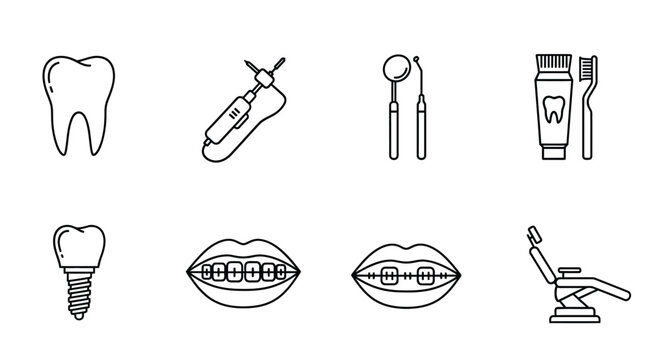 Essential dental care and orthodontic treatment icons collection Vector