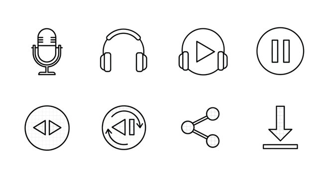 Collection of icons representing audio and media control functions and connectivity Vector