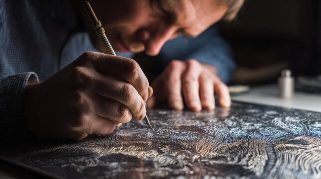 A map engraver etching fine contour lines onto metal printing plate for topographic map.