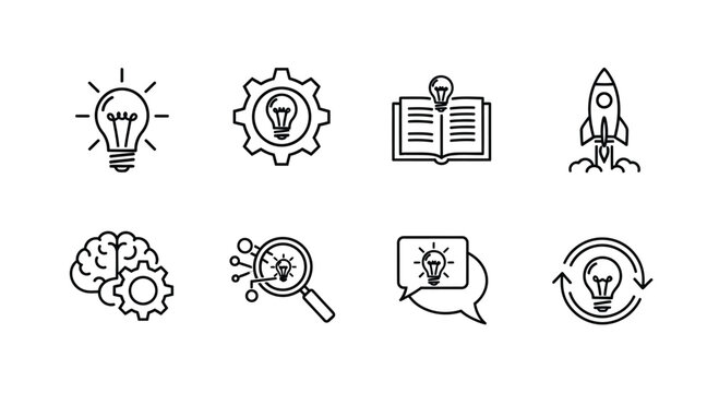 Collection of icons representing innovation, creativity, and intellectual processes Vector