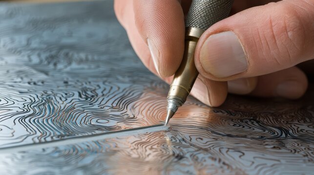 A map engraver etching fine contour lines onto metal printing plate for topographic map.