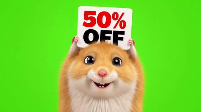 Adorable hamster excitedly holding fifty percent off sale sign video