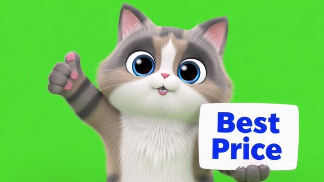 Cartoon cat holding best price sign and giving thumbs up in video