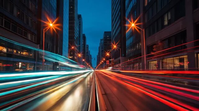 ブルーアワーの都会で路面の薄い反射に光跡が描く通勤時間の風景を低位置から捉える