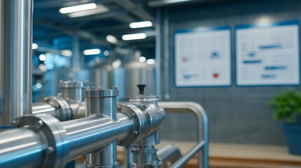 Fototapeta premium Stainless steel piping directs liquid ingredients into mixing vessel in dairy processing plant, sanitation protocols visible on wall charts beside control panel, perfect for food manufacturing