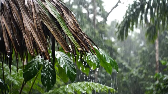 Heavy tropical rain pours down on lush green leaves in a dense jungle.