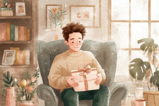 Intimate gift-unwrapping scene in a comfy living room