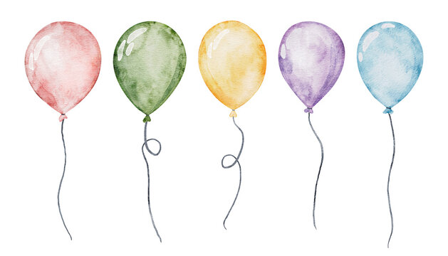 Set of Colorful Air Balloons. Hand drawn Watercolor illustration with multicolored round Ballons for birthday party