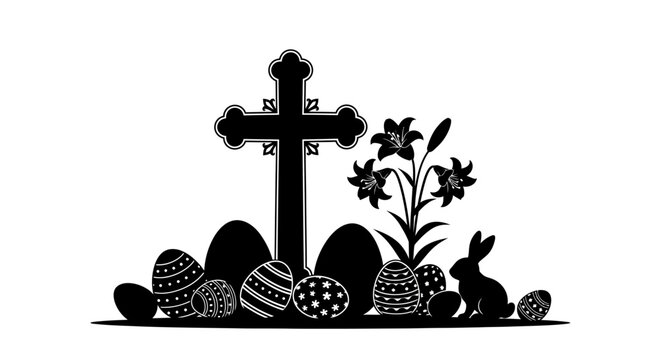 Easter vector illustration with cross, eggs, bunny and flowers