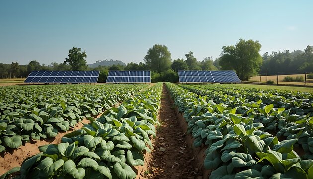 A realistic image of an organic farm  with several solar panels and crop rotation.