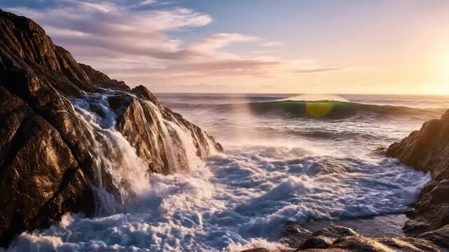 Powerful ocean waves crash against rugged coastal s during a beautiful sunset.
