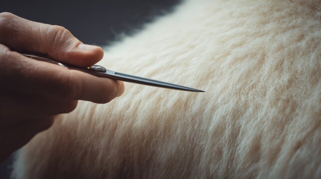 A furrier trimming natural fur coat lining with specialized scissors during garment repair.