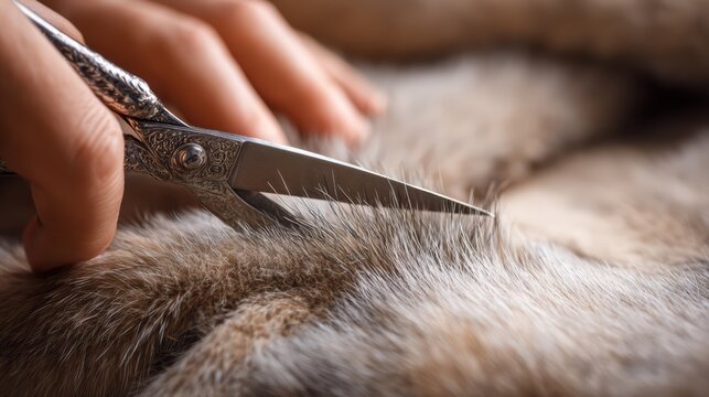 A furrier trimming natural fur coat lining with specialized scissors during garment repair.