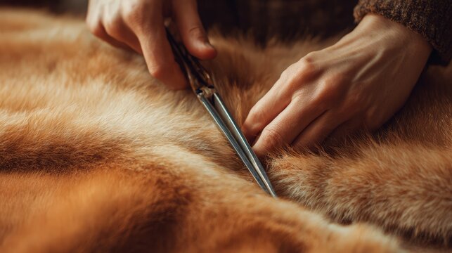 A furrier trimming natural fur coat lining with specialized scissors during garment repair.