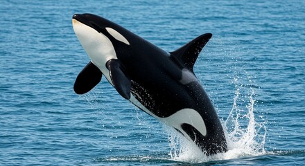 Obraz premium Orca whale jumping out of blue ocean water with splash aquatic mammal in natural habitat wildlife scene