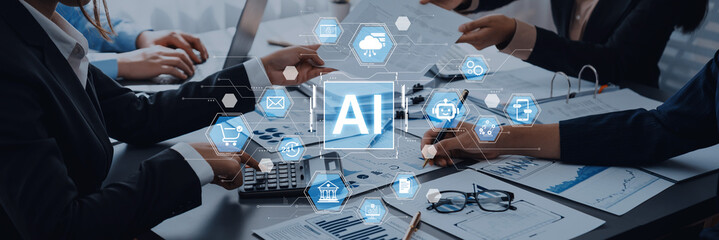 Obraz na płótnie Canvas Hexagonal AI ecosystem connects cloud, fintech, commerce and communication services, highlighting secure integration, analytics and automated workflows for digital enterprises. Corpus