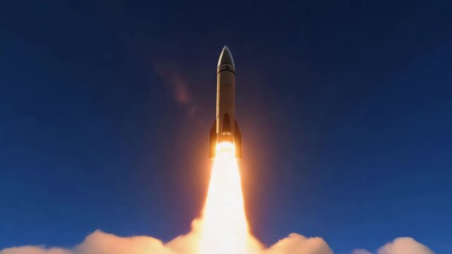 Rocket Launching into Space with Fiery Exhaust and Clouds Against Blue Sky